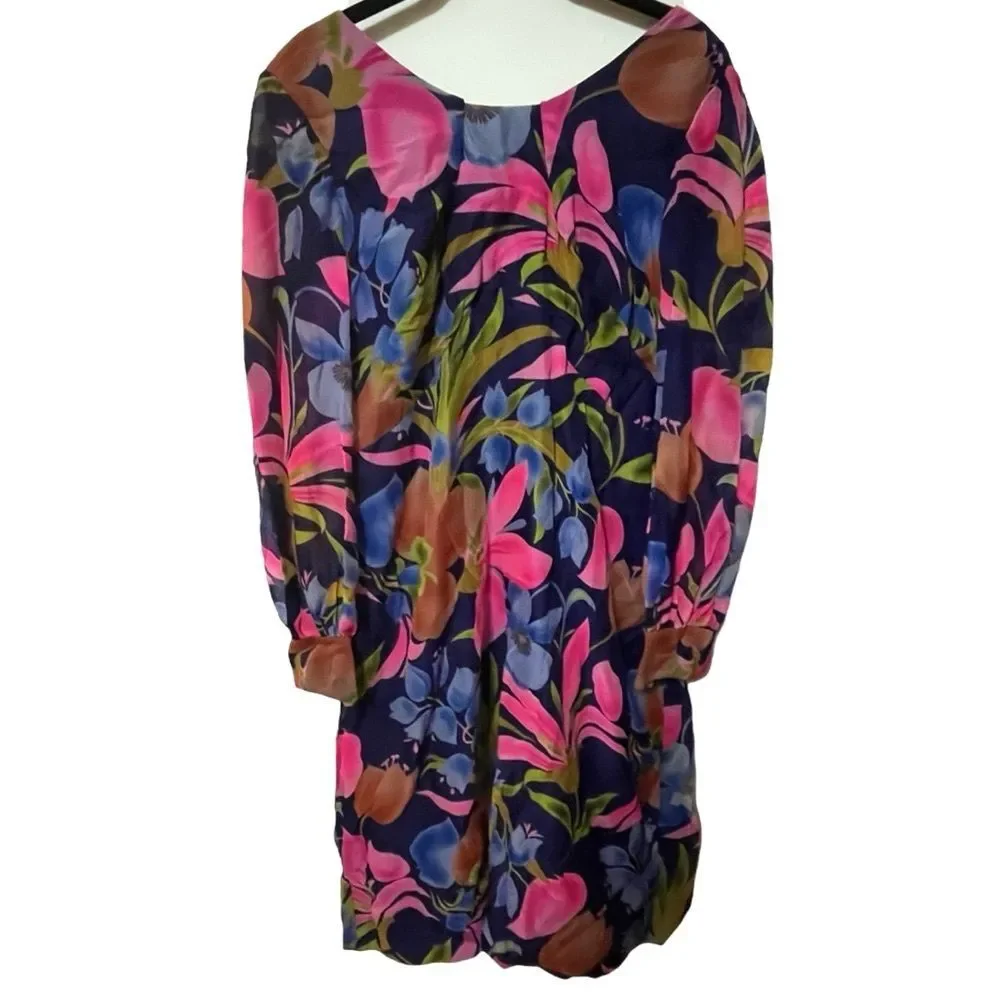VINTAGE SILK DRESS Floral Balloon Sleeve Palm Beach Resort Midi Colorful M